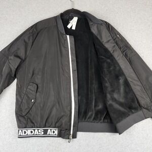 Adidas Bomber Jacket Womens L Black Fleece Lined Logo Hem Full Zip Athletic